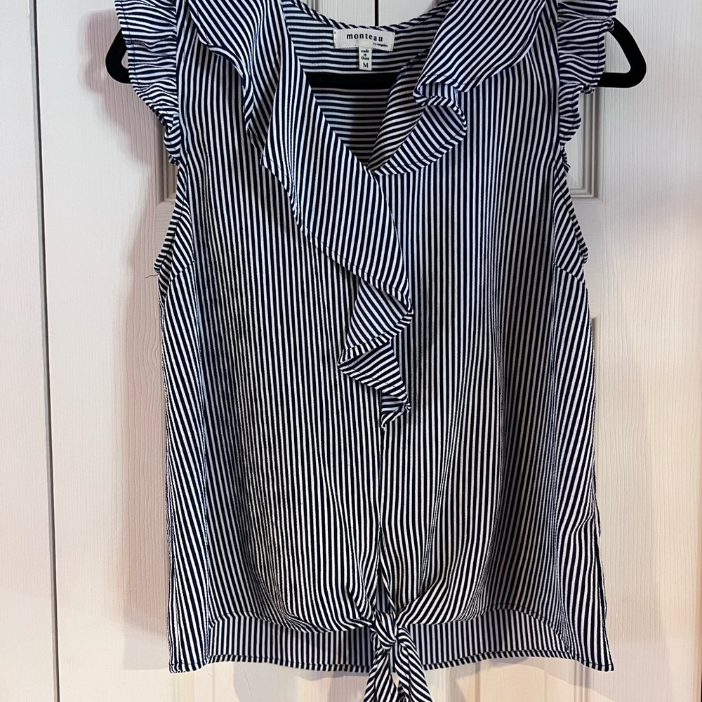 Monteau Navy and White Striped Blouse
